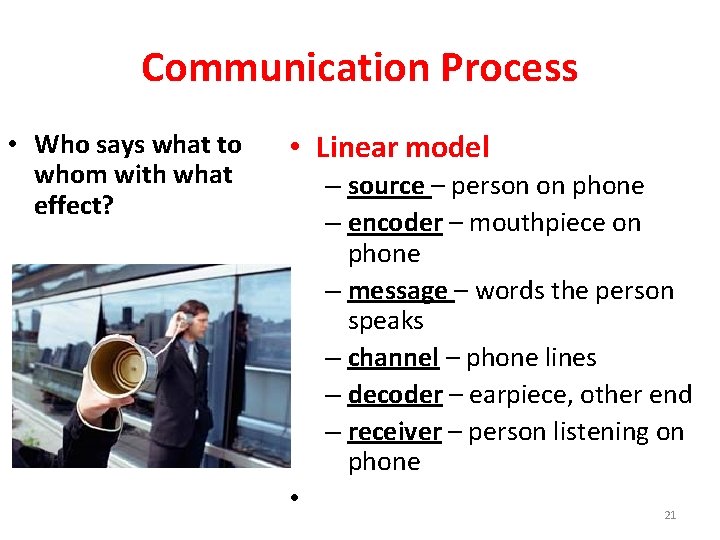 Communication Process • Who says what to whom with what effect? • Linear model
