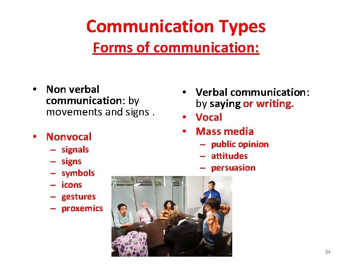 Communication Types Forms of communication: • Non verbal communication: by movements and signs. •