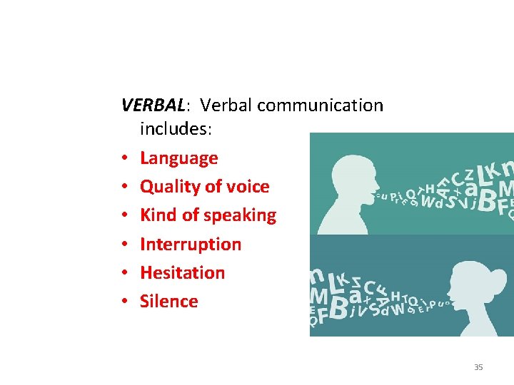 VERBAL: Verbal communication includes: • Language • Quality of voice • Kind of speaking
