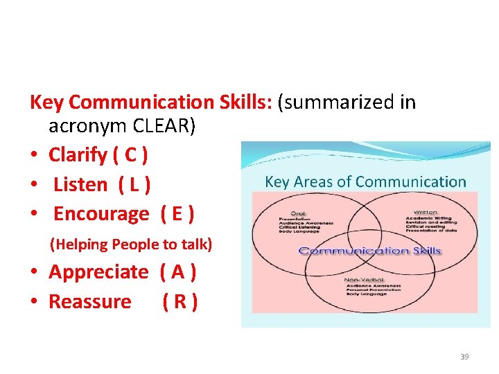 Key Communication Skills: (summarized in acronym CLEAR) • Clarify ( C ) • Listen