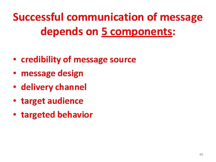 Successful communication of message depends on 5 components: • • • credibility of message