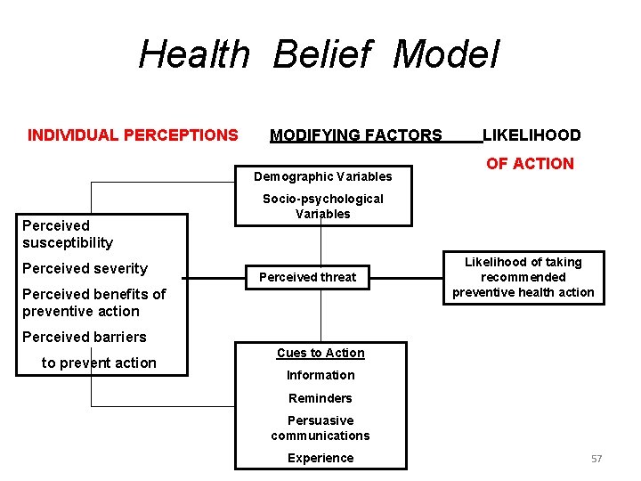 Health Belief Model INDIVIDUAL PERCEPTIONS MODIFYING FACTORS Demographic Variables Perceived susceptibility Perceived severity LIKELIHOOD