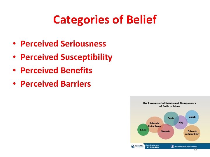 Categories of Belief • • Perceived Seriousness Perceived Susceptibility Perceived Benefits Perceived Barriers 58