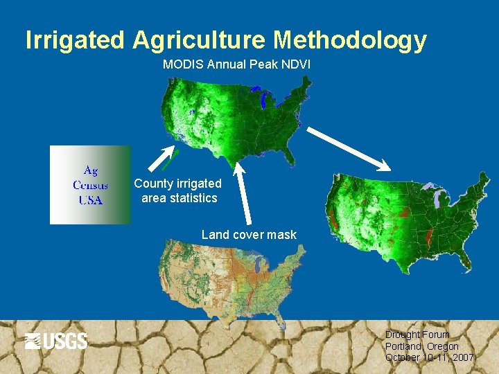 Irrigated Agriculture Methodology MODIS Annual Peak NDVI County irrigated area statistics Land cover mask
