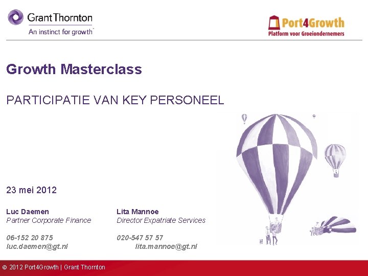 Growth Masterclass PARTICIPATIE VAN KEY PERSONEEL 23 mei 2012 Luc Daemen Partner Corporate Finance