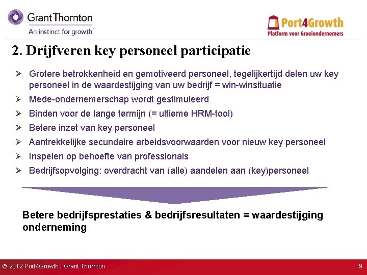 2. Drijfveren key personeel participatie Ø Grotere betrokkenheid en gemotiveerd personeel, tegelijkertijd delen uw