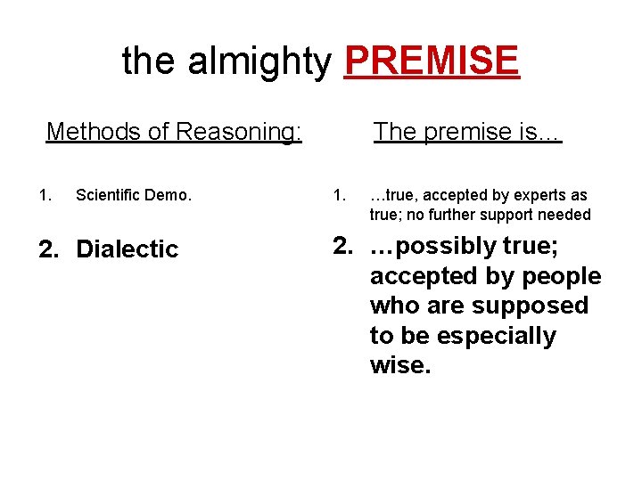 the almighty PREMISE Methods of Reasoning: 1. Scientific Demo. 2. Dialectic The premise is… the almighty PREMISE Methods of Reasoning: 1. Scientific Demo. 2. Dialectic The premise is…