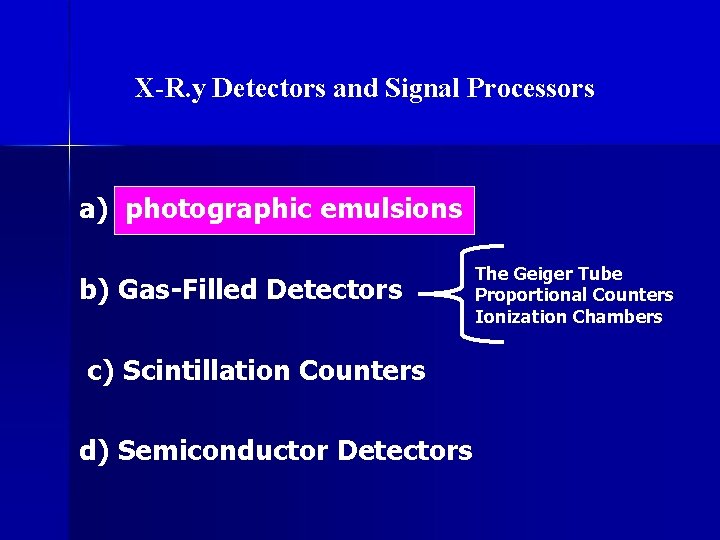 X-R. y Detectors and Signal Processors a) photographic emulsions b) Gas-Filled Detectors c) Scintillation