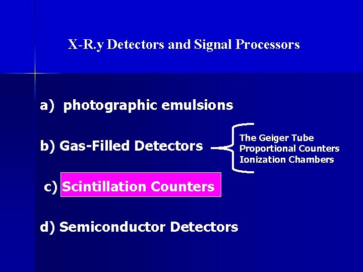 X-R. y Detectors and Signal Processors a) photographic emulsions b) Gas-Filled Detectors c) Scintillation