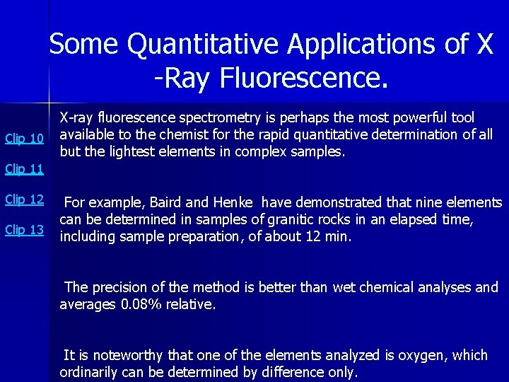Some Quantitative Applications of X -Ray Fluorescence. Clip 10 X-ray fluorescence spectrometry is perhaps