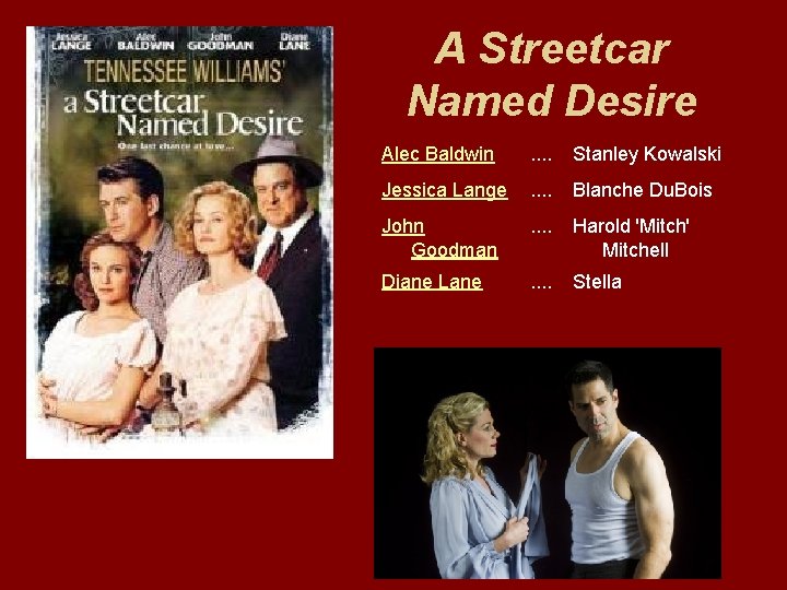 A Streetcar Named Desire Alec Baldwin . . Stanley Kowalski Jessica Lange . .