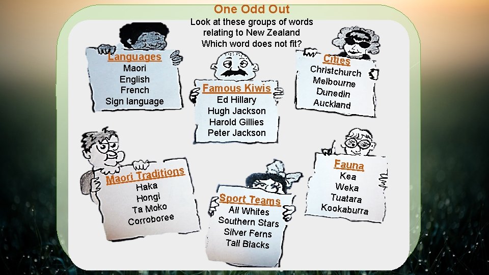 One Odd Out Look at these groups of words relating to New Zealand Which