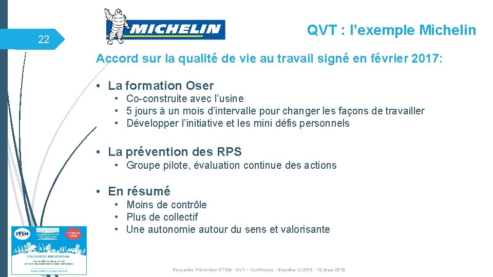 QVT : l’exemple Michelin 22 Accord sur la qualité de vie au travail signé QVT : l’exemple Michelin 22 Accord sur la qualité de vie au travail signé
