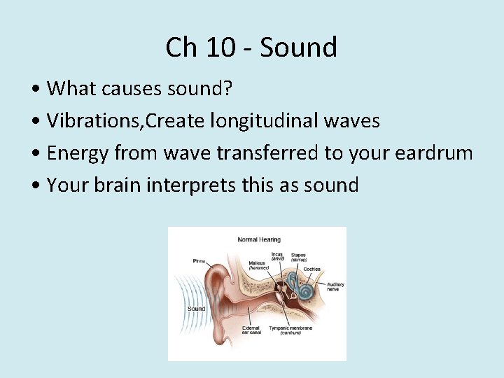 Ch 10 - Sound • What causes sound? • Vibrations, Create longitudinal waves •