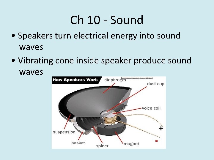 Ch 10 - Sound • Speakers turn electrical energy into sound waves • Vibrating