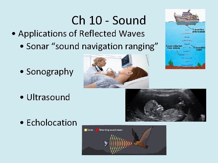 Ch 10 - Sound • Applications of Reflected Waves • Sonar “sound navigation ranging”