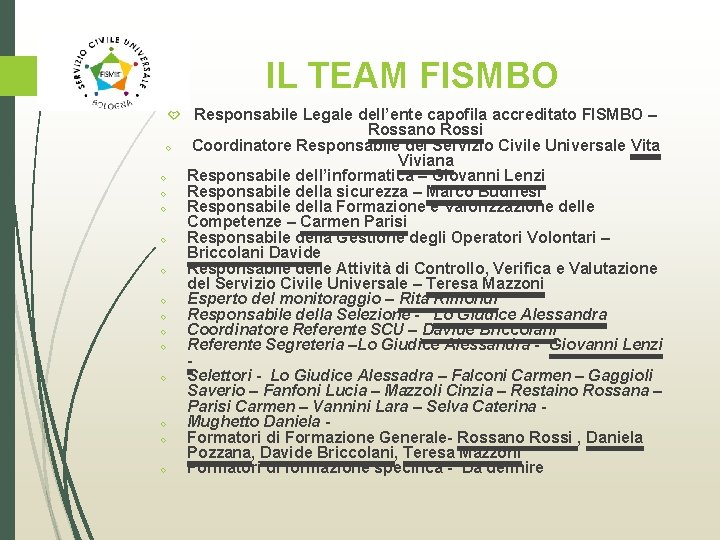 IL TEAM FISMBO Responsabile Legale dell’ente capofila accreditato FISMBO – Rossano Rossi Coordinatore Responsabile