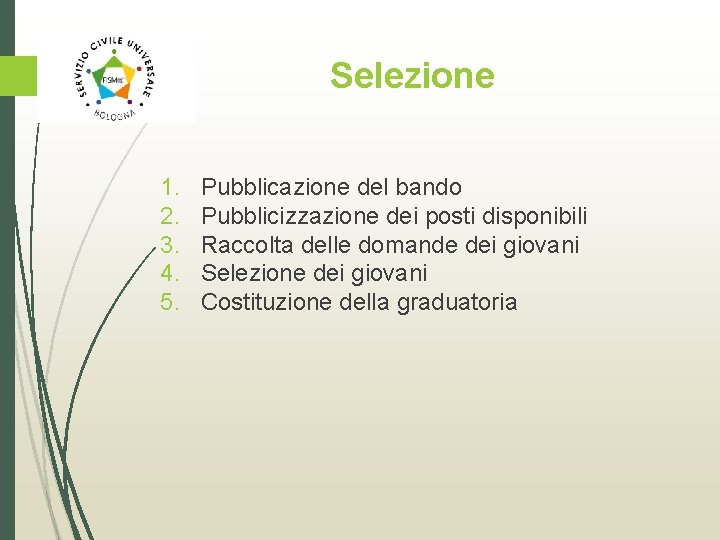 Selezione 1. 2. 3. 4. 5. Pubblicazione del bando Pubblicizzazione dei posti disponibili Raccolta