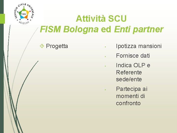 Attività SCU FISM Bologna ed Enti partner Progetta • Ipotizza mansioni • Fornisce dati