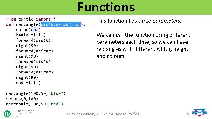 Functions This function has three parameters. We can call the function using different parameters