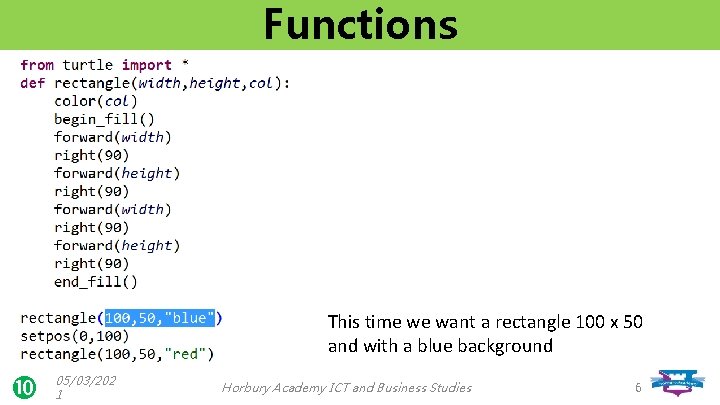 Functions This time we want a rectangle 100 x 50 and with a blue