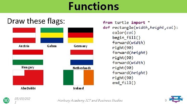 Functions Draw these flags: Austria Gabon Germany Hungary Netherlands Abu. Dahbi Ireland 05/03/202 1