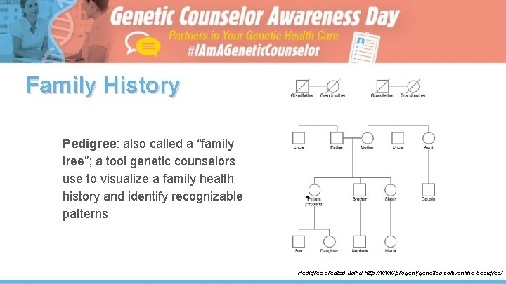 Family History Pedigree: also called a “family tree”; a tool genetic counselors use to