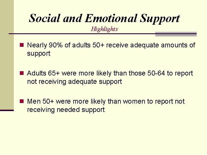 Social and Emotional Support Highlights n Nearly 90% of adults 50+ receive adequate amounts