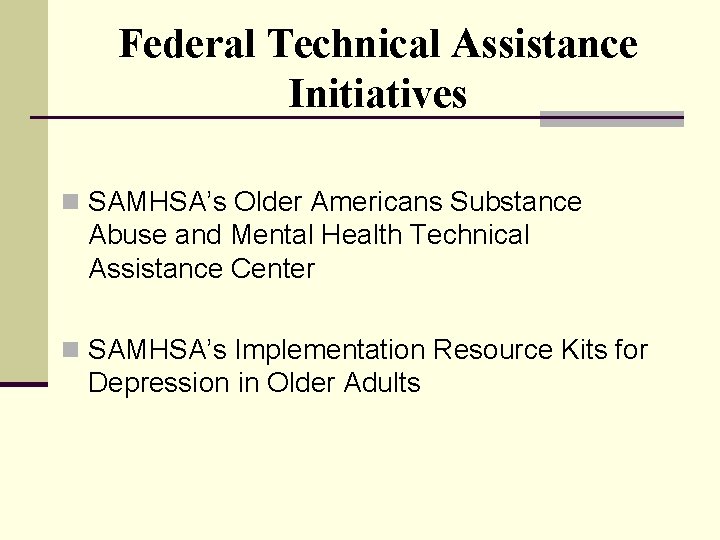 Federal Technical Assistance Initiatives n SAMHSA’s Older Americans Substance Abuse and Mental Health Technical