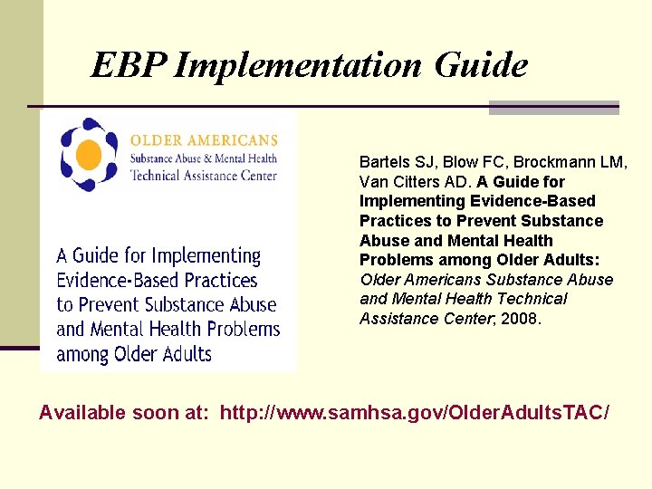 EBP Implementation Guide Bartels SJ, Blow FC, Brockmann LM, Van Citters AD. A Guide