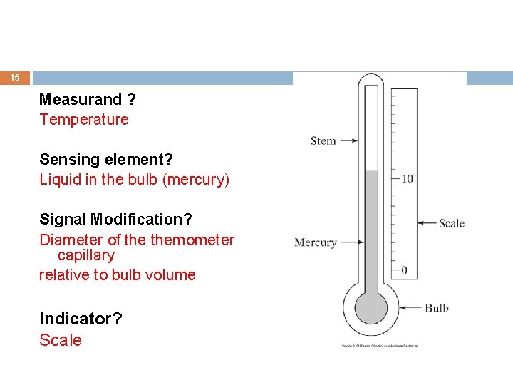 15 Measurand ? Temperature Sensing element? Liquid in the bulb (mercury) Signal Modification? Diameter