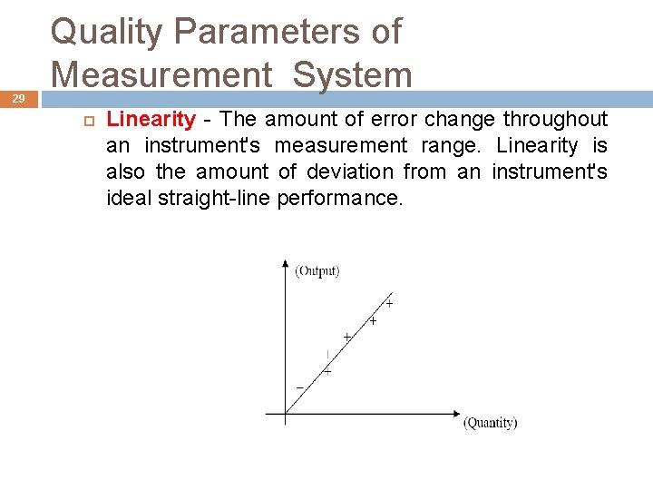 29 Quality Parameters of Measurement System Linearity - The amount of error change throughout