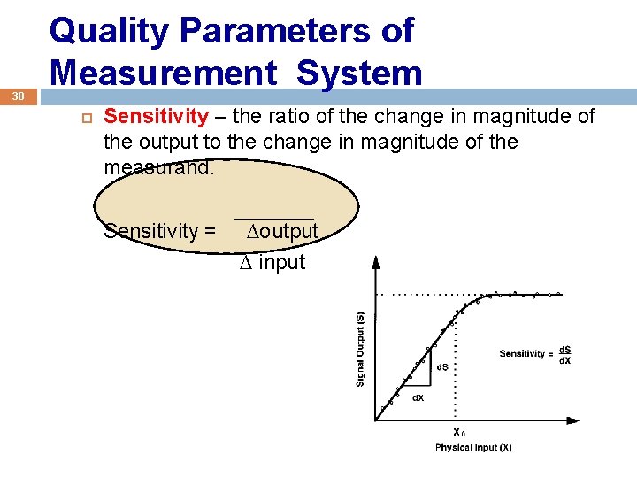 30 Quality Parameters of Measurement System Sensitivity – the ratio of the change in