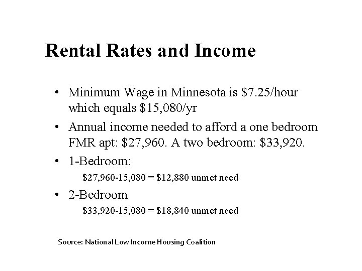 Rental Rates and Income • Minimum Wage in Minnesota is $7. 25/hour which equals