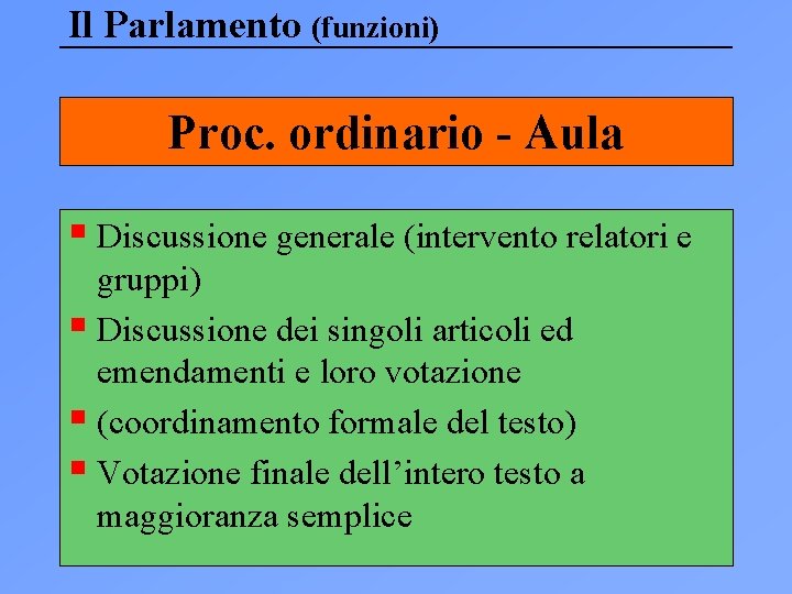 Il Parlamento (funzioni) Proc. ordinario - Aula § Discussione generale (intervento relatori e gruppi)