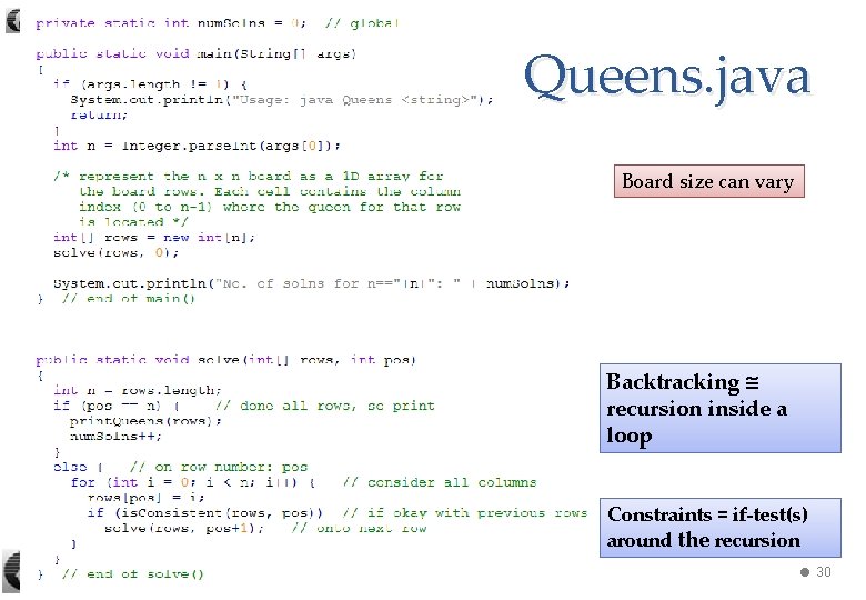 Queens. java Board size can vary Backtracking recursion inside a loop Constraints = if-test(s)