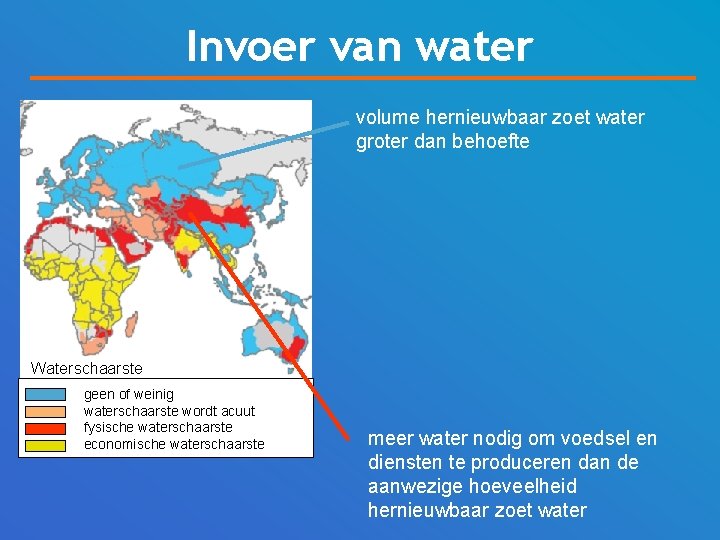 Invoer van water volume hernieuwbaar zoet water groter dan behoefte Waterschaarste geen of weinig