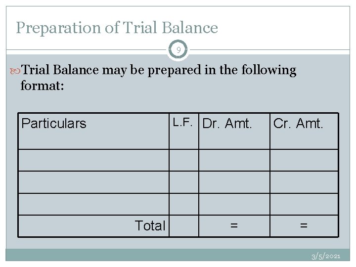 Preparation of Trial Balance 9 Trial Balance may be prepared in the following format: