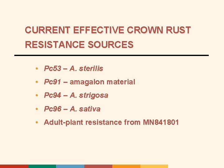 CURRENT EFFECTIVE CROWN RUST RESISTANCE SOURCES • Pc 53 – A. sterilis • Pc