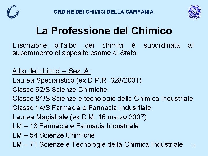 ORDINE DEI CHIMICI DELLA CAMPANIA La Professione del Chimico L’iscrizione all’albo dei chimici è