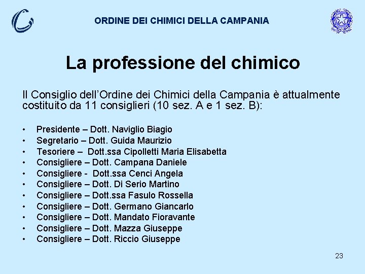 ORDINE DEI CHIMICI DELLA CAMPANIA La professione del chimico Il Consiglio dell’Ordine dei Chimici