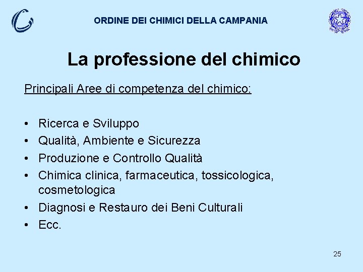 ORDINE DEI CHIMICI DELLA CAMPANIA La professione del chimico Principali Aree di competenza del