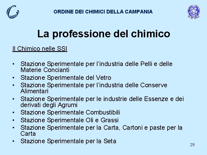 ORDINE DEI CHIMICI DELLA CAMPANIA La professione del chimico Il Chimico nelle SSI •