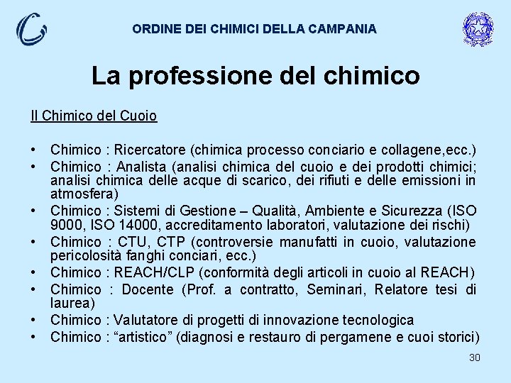 ORDINE DEI CHIMICI DELLA CAMPANIA La professione del chimico Il Chimico del Cuoio •