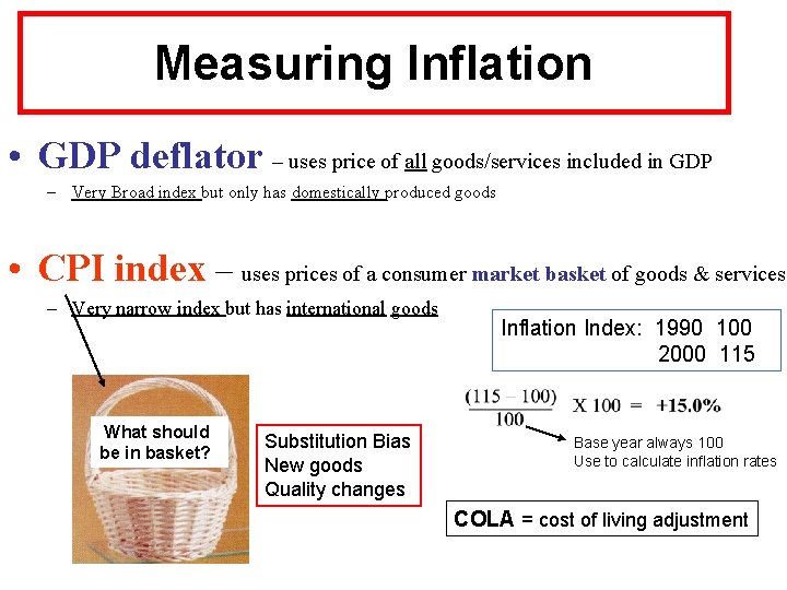 Measuring Inflation • GDP deflator – uses price of all goods/services included in GDP