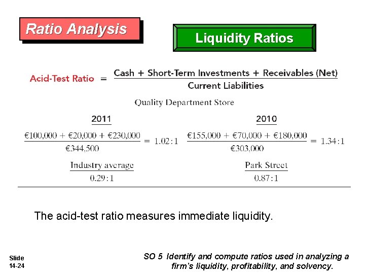 Ratio Analysis Liquidity Ratios The acid-test ratio measures immediate liquidity. Slide 14 -24 SO