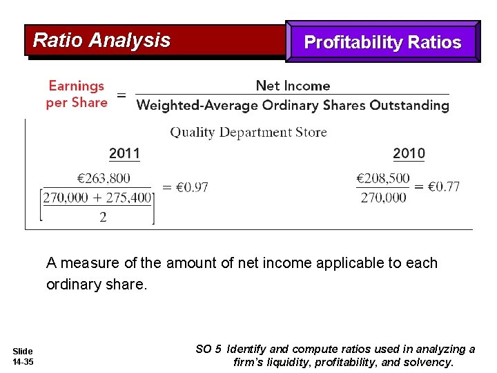 Ratio Analysis Profitability Ratios A measure of the amount of net income applicable to