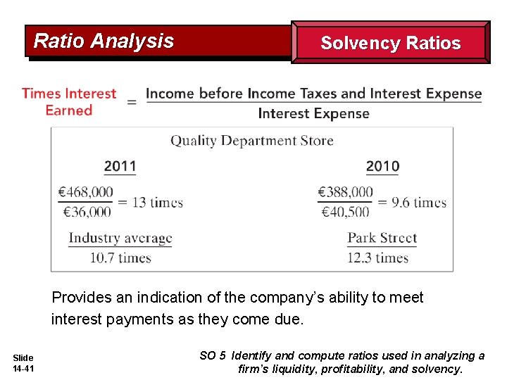 Ratio Analysis Solvency Ratios Provides an indication of the company’s ability to meet interest