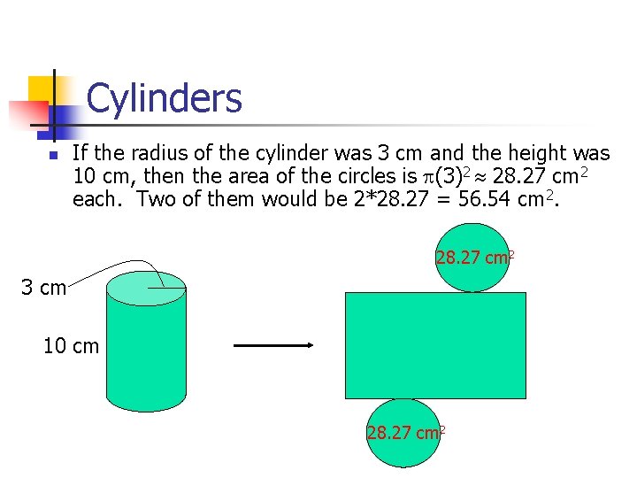 Cylinders n If the radius of the cylinder was 3 cm and the height