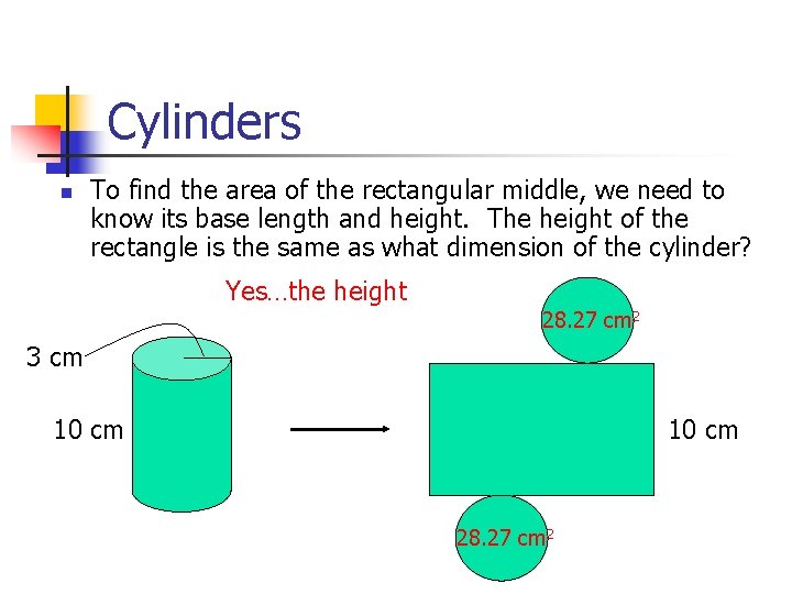 Cylinders n To find the area of the rectangular middle, we need to know